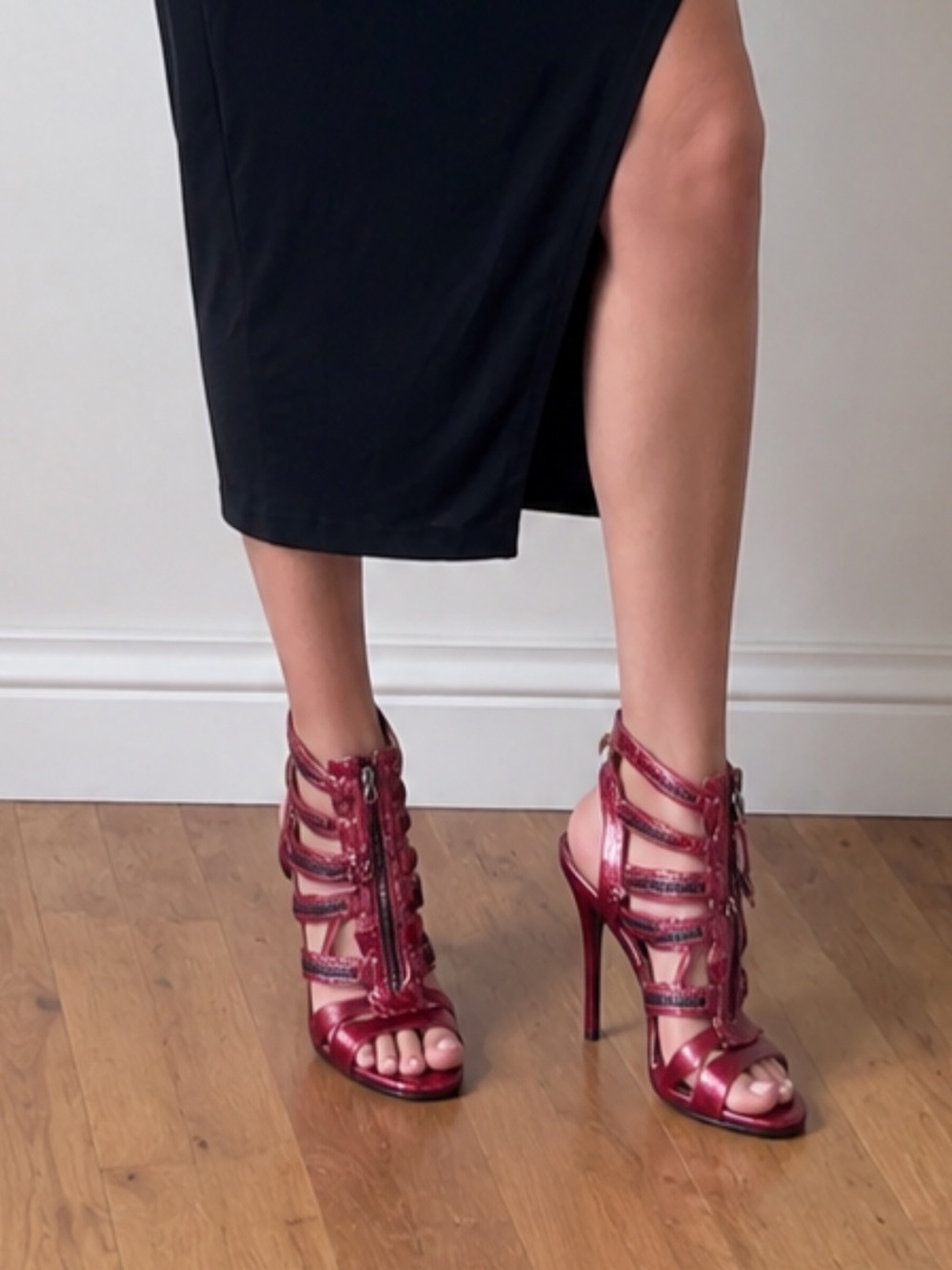 L.A.M.B. Burgundy Strappy Peep-Toe Heels